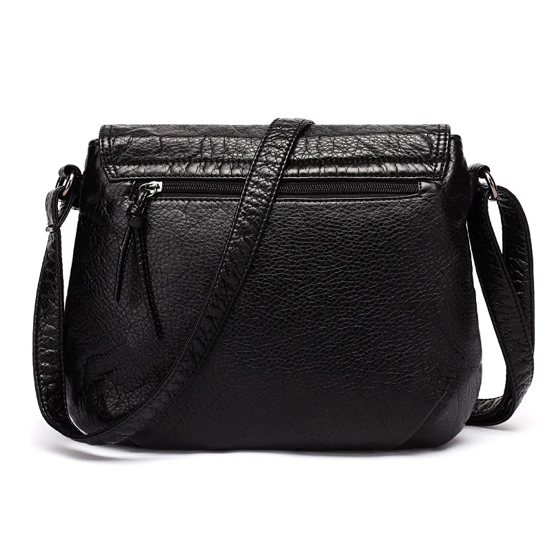DAUNAVIA Black Small Women Messenger Bag Soft Washed PU Leather Crossbody Bag Female Handbag Purses