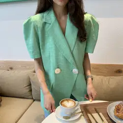 Мода 2019 Лето Корея для женщин высокий уличный вырез Воротник Тонкий Блейзер с пышными рукавами пальто для работы двубортные офисные