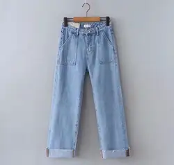 HCBLESS 2019 Весна Новый женский большой карман керлинг джинсы отделка прямые брюки джинсы женские девять брюки джинсы