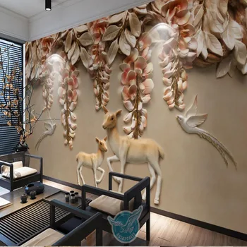 

3d Embossed ELK Animal Bird Flower Wallpaper for Bedroom Sofa Walls Home Decor Photo Wall Mural papel de parede 3d Custom Size