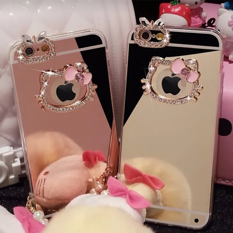 

XS Max For iPhone XS XR Mirror Diamond Rhinestone Hello Kitty+Mirror Soft TPU Phone Case For iPhone X 8 7 Plus case iPhone 6