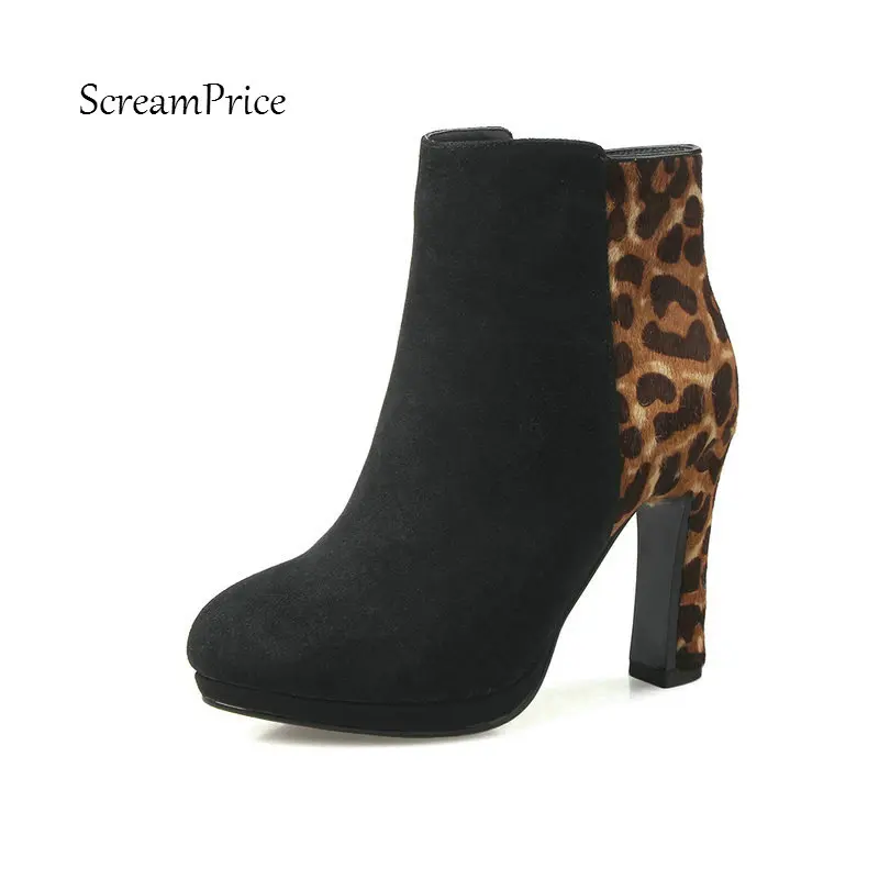 

Woman Suede Platform Square High Heel Suede Leopard Ankle Boots Fashion Side Zipper Dress Ladies Boots Black