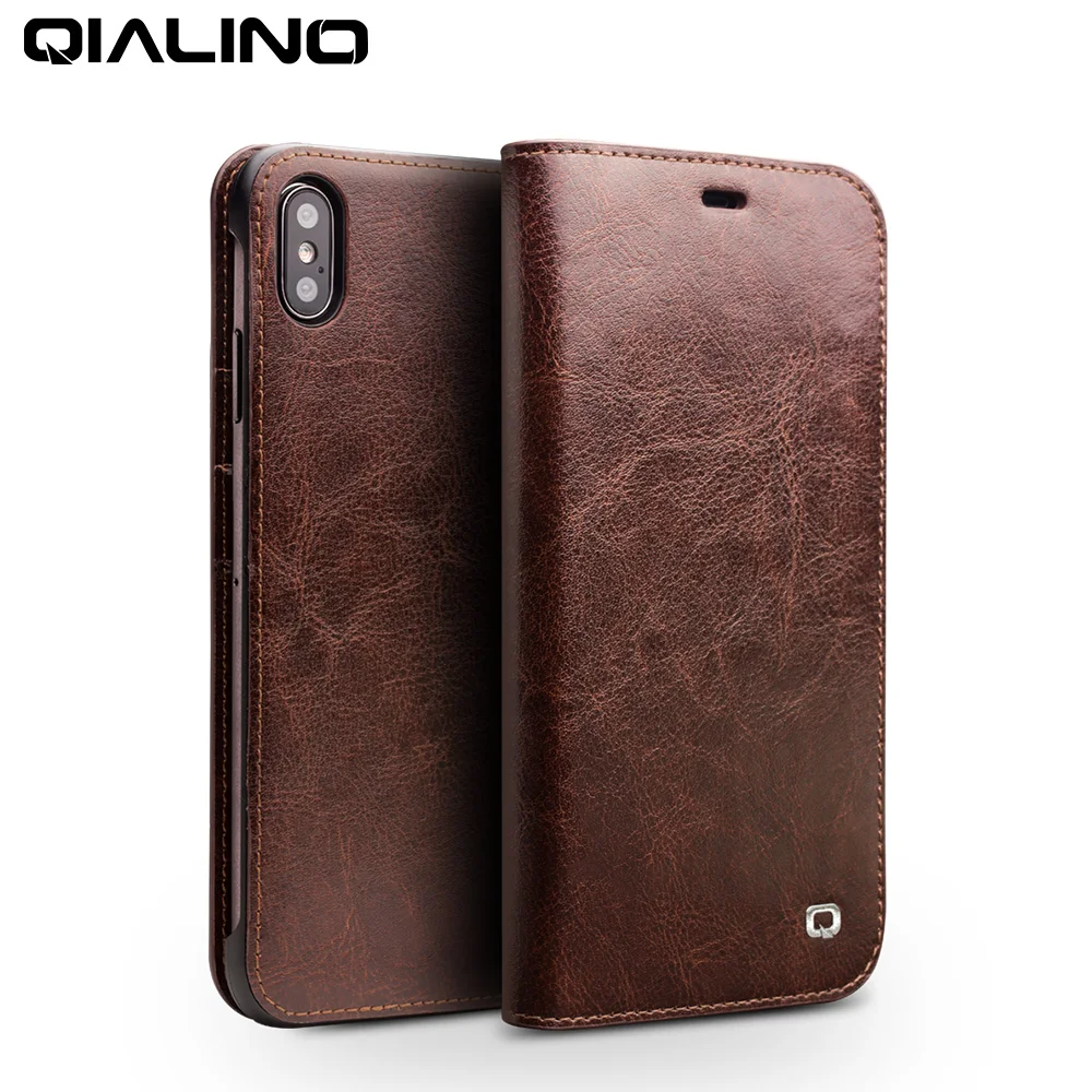 Case de Telefone para Iphone Slot para Cartão Capa para Iphonexs Qialino Luxo Ultra Fino Artesanal xs – xr Couro Genuíno Carteira Bolsa Flip Max
