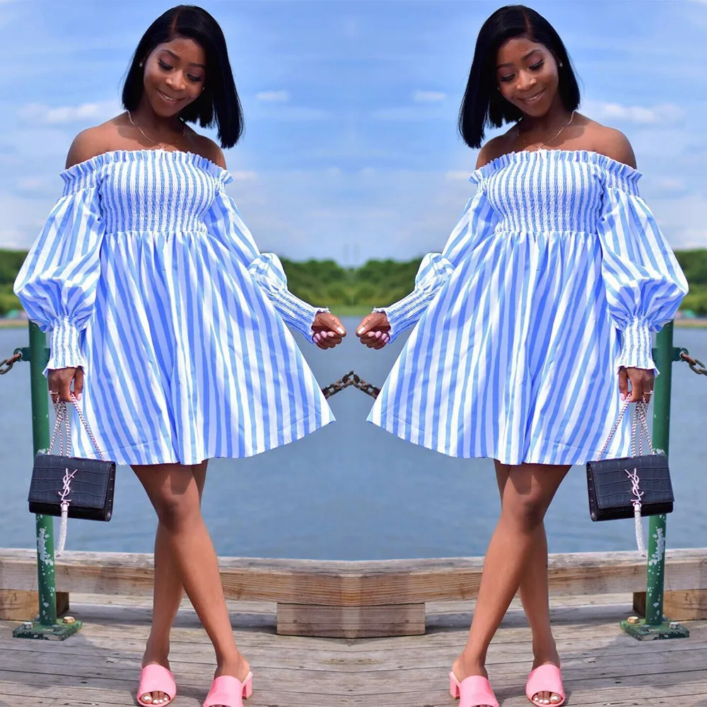 blue and white striped wrap dress