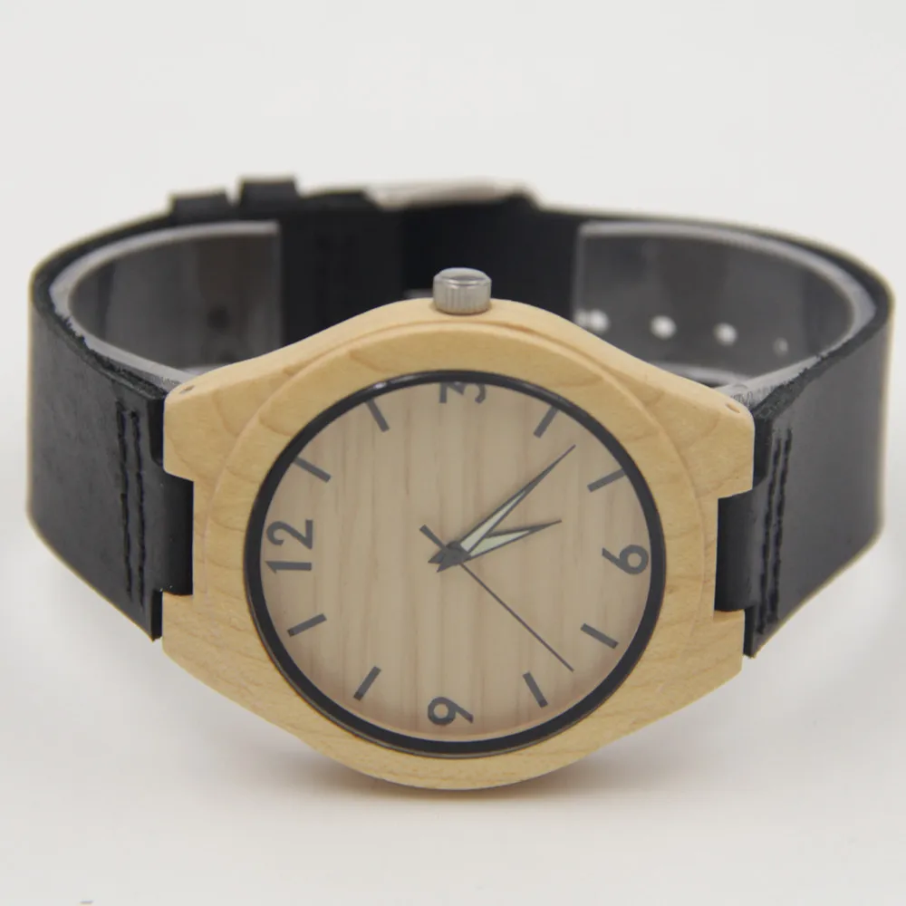  New Arrival Hot Marketing 2015 Fashion Men Leather Bamboo Wooden Quartz Watches  Christmas Gift for Husband Import Japenese Qua