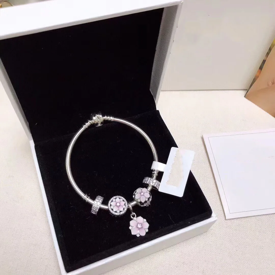 

Hot 925 Sterling Silver Bracelet Popular Snake Bone Chain Magnolia Pink Beads DIY Charm Bracelet for Women Gift