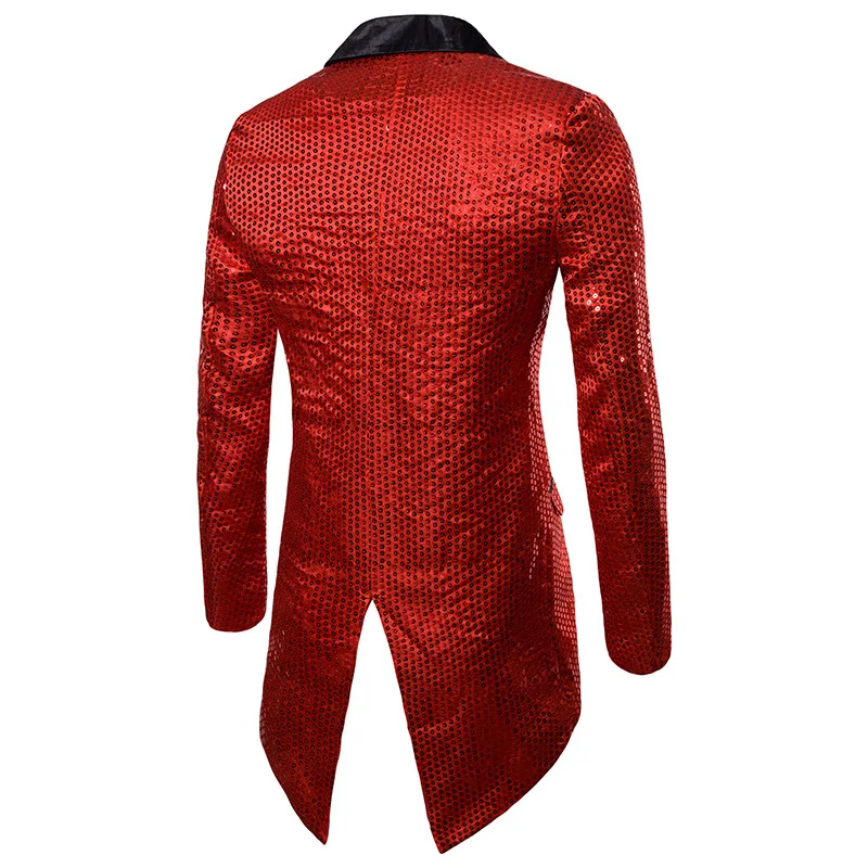 Мужской блестящий красный блестящий Готический пиджак-фрак с одной пуговицей, приталенный длинный смокинг-пиджак, мужские вечерние сценический для певца, костюм на Хэллоуин 2XL