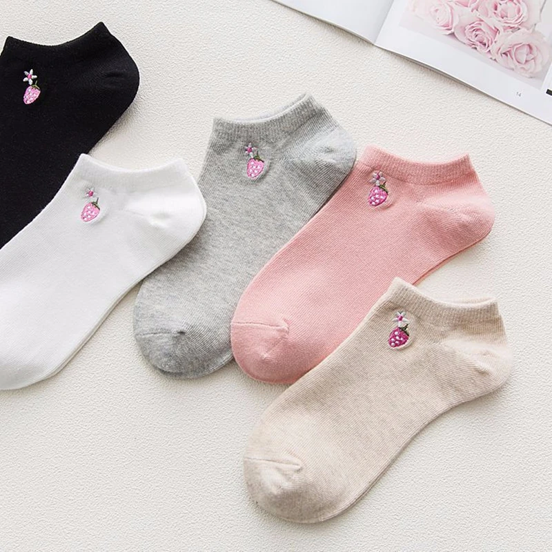 

women socks spring 5pair short school style cotton summer solid color funny fruit women fashion socks for women korean
