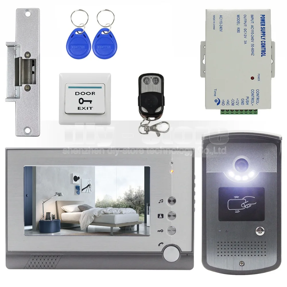 DIYSECUR Strike Lock 7 inch TFT Color Video Door Phone Visual Intercom Doorbell ID Unlocking RFID LED Night Vision Camera