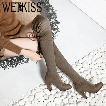 

WETKISS Stretch Thigh High Boot 9 Colors Big Size Lady High Heels Winter Woman Over the Knee bootss Faux Suede Women Shoes