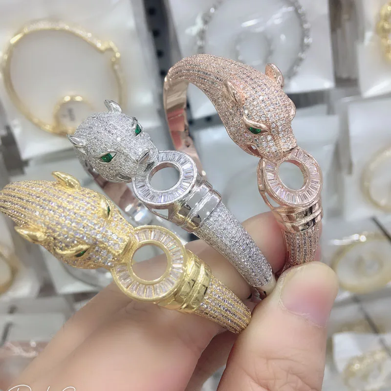 Zlxgirl jewelry Jet Cubic Zircon Leopard Animal Bridal Bangle Jewelry Europe Design Copper Bracelet Women's Bracelet