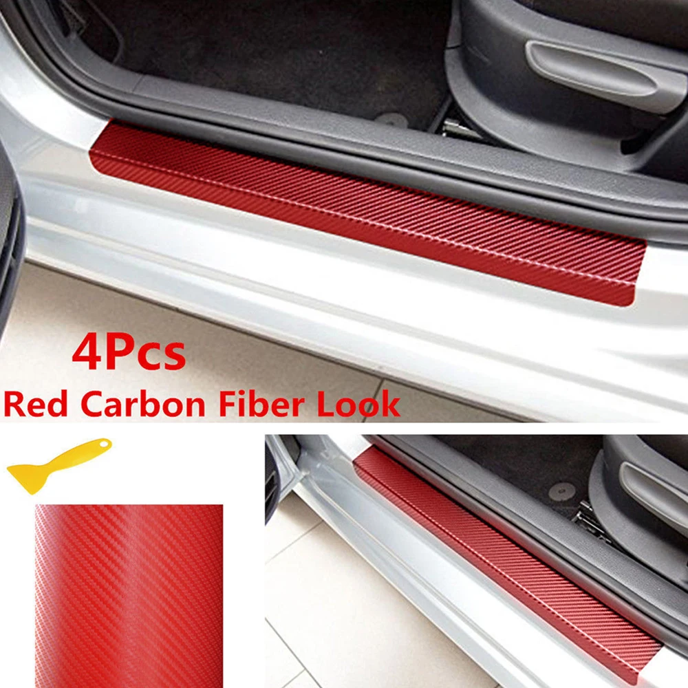 4Pcs Carbon Fiber Silver Car Door Sill Scuff Cover Welcome Pedal Protect Sticker