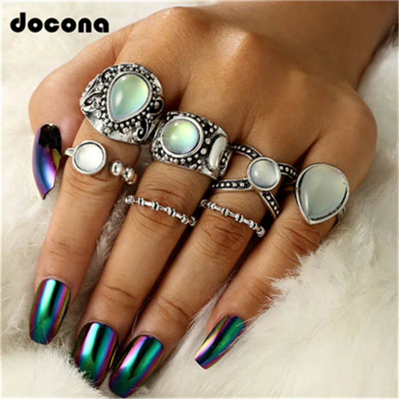 

Docona 7pc Vintage Silver Wide Knuckle WaterDrop Rhinestone Midi Finger Ring Sets Stacking Finger Jewelry Women Accessories 6361