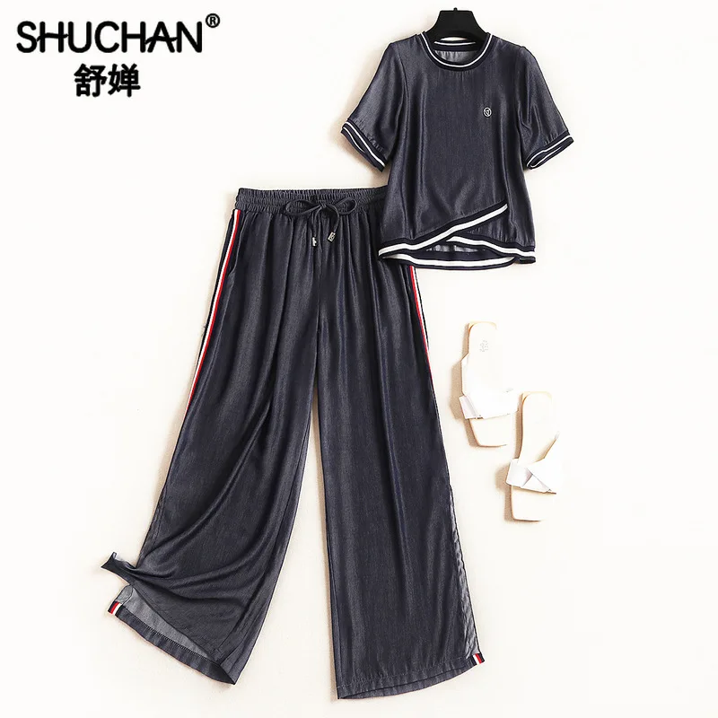 

Shuchan Denim Two Piece Set Top and Pants Casual 2019 New Fashionable Sets for Women Summer Suit Female Ankle-Length 51356