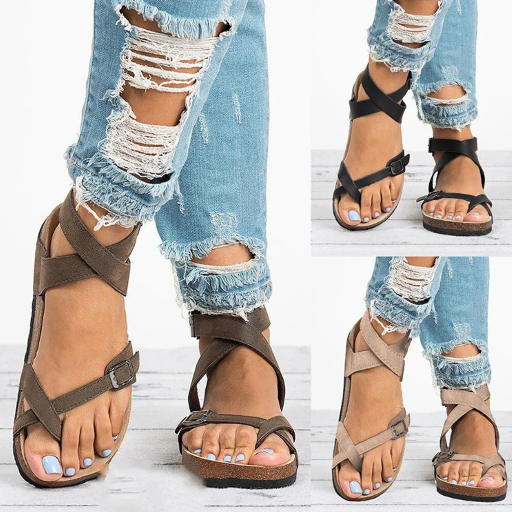 

Women's Cork Sole Sandals Sandwich Toe Casual Straps T-Strap Thong Flat Shoes Leather PU Simple Sandals LadY Summer Beach Shoes