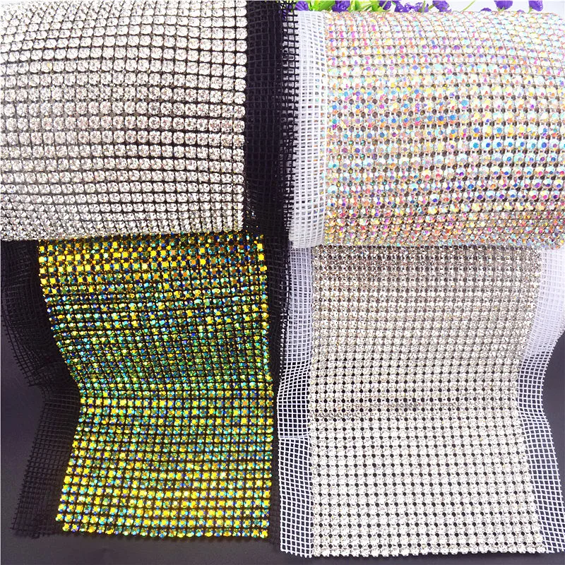 

factory outlet 24 rows band AB color Crystal rhinestone mesh trimming chain Silver base White fabric DIY sewing lace 1yards/lot