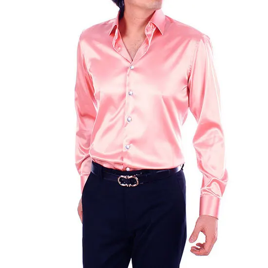 Новинка, ярко-синий шелк, атласная рубашка для мужчин, Chemise Homme,, модная мужская приталенная, гладкая, однотонная, смокинг, рубашки, деловые, свадебные - Цвет: Pink