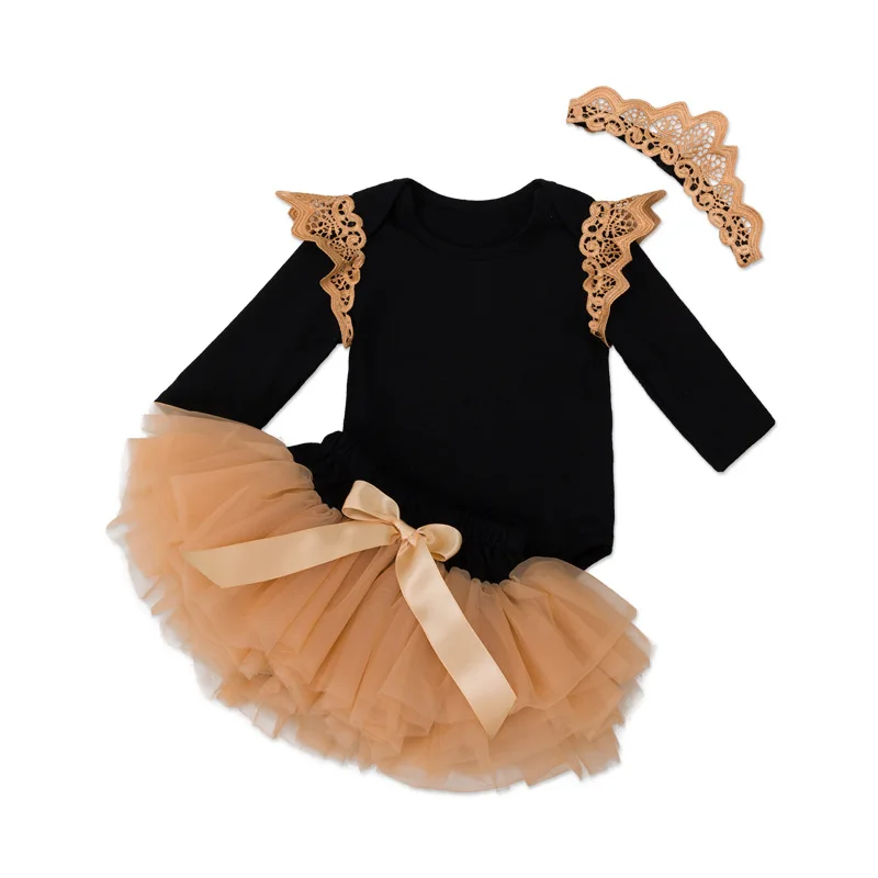 

Autumn Winter Long Sleeves Black Rompers Champagne Lace Princess Tutu Skirt Headband 3pcs Set Cute Fly Sleeve Baby Girl Clothes