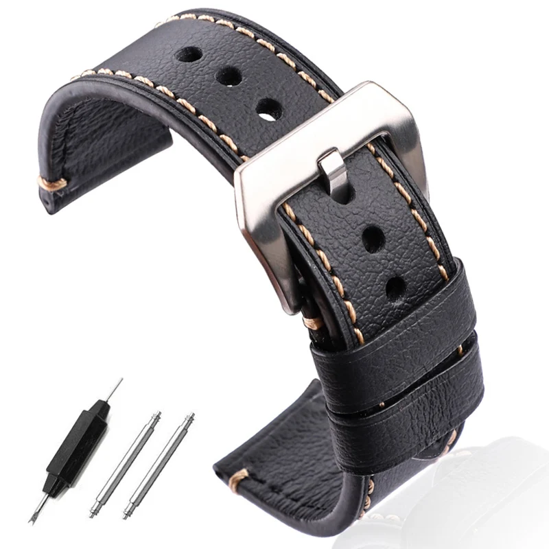 Handmade Watchbands 22mm 24mm Balck Brown Men Thick Genuine Leather Watch Band Strap Watch