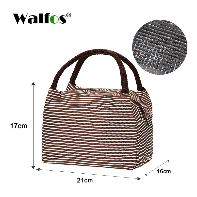 WALFOS Portable Lunch Bag Canvas Stripe Insulated Cooler Bags Thermal Food Picnic Lunch Bags Kids Lunch Box Bag Tote - Цвет: WALFOS Coffee