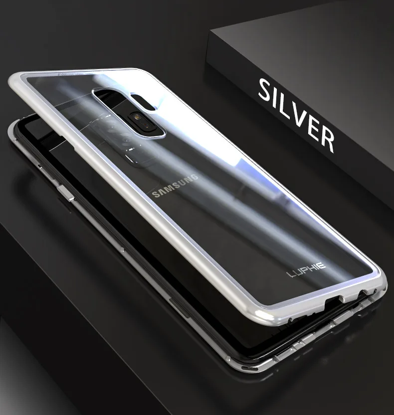 LUPHIE для samsung Galaxy S9 S8 Plus S7 Edge Note 8 Note 9 чехол абсолютно магнитный Алюминиевый металлический каркас закаленное стекло - Цвет: Clear Silver