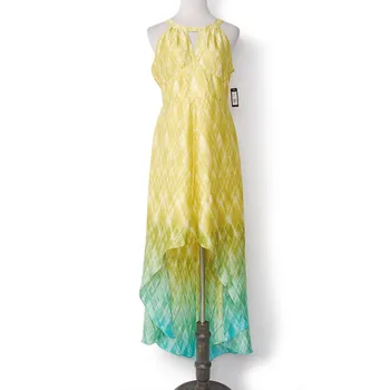 

YUNINYOYO Cool yellow green gradient printing short front back long flowing O-neck extra long dress women`s dresses