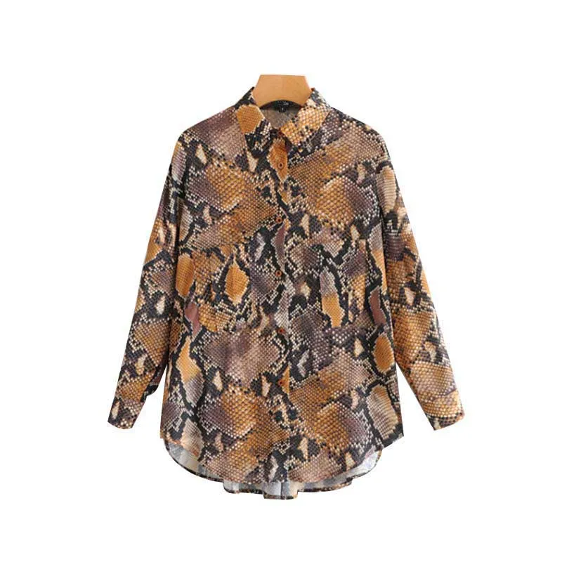 أنيق الأفعى طباعة بلوزة فضفاضة المتضخم كم طويل قمصان برقبة منسدلة الإناث عارضة مطوي قمم blusas