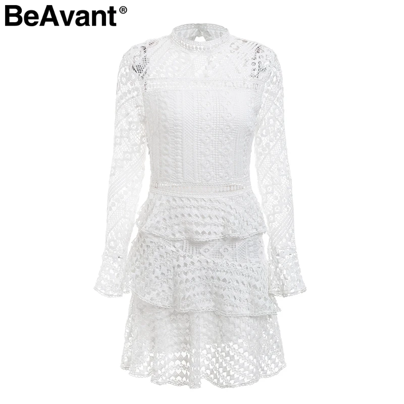 BeAvant Layered ruffle hollow out lace dress Women plus size flare sleeve white dress Elegant 2018 o neck winter dress party