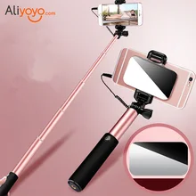 Universal Wired Mini Selfie Stick With Button Stainless Steel Self-Timer Handle Monopod With Mirror For iPhone 6s Samsung Xiaomi