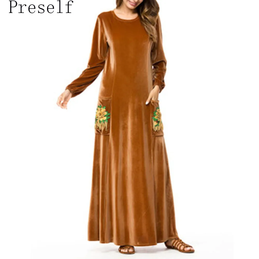 Preself New Women fashion Ebroidered Korean Velvet O Neck Long Sleeved