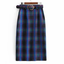 Женская клетчатая юбка с поясом размера плюс женские прямые юбки Jupe Femme Faldas Mujer Moda одежда