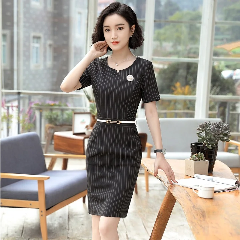 

Fashion Striped Short Sleeve Slim Hips 2019 Summer Dresses For Women Business Work Wear Dress Uniform Styles With Belt