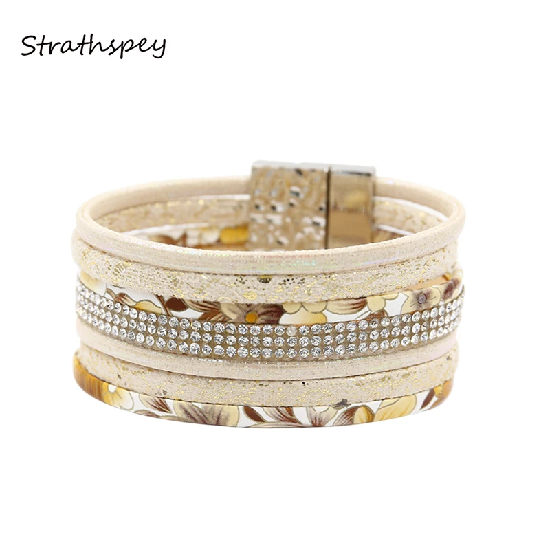 

Multi-layer Floral Wrap Bracelets For Women Bohemia Rhinestone Wide Leather Bracelet Vintage Magnetic Charm Bangles Jewelry