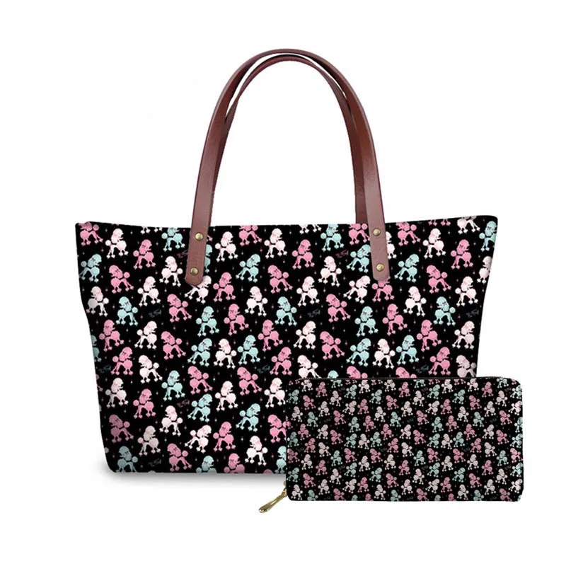 

NOISYDESIGNS 2pcs/Set Women Handbags Poodle Printing Shoulder Messenger Bags for Females Travel Hand Bag Ladies Top-Handle Bags