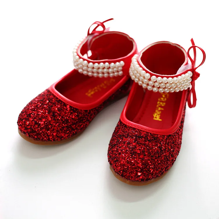 Weoneit/Серебристые Красные Блестки вечерние свадебные туфли на плоской подошве для маленьких девочек; нарядная обувь принцессы с блестками для девочек