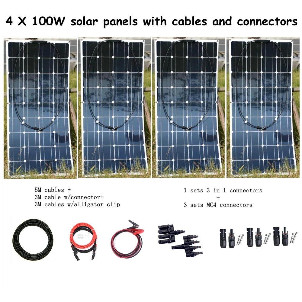

4*100W Solar Panel with Cables + 1Pair 3 in 1 Connectors +3 Pair MC4 Connectors 400W Solar System for Household