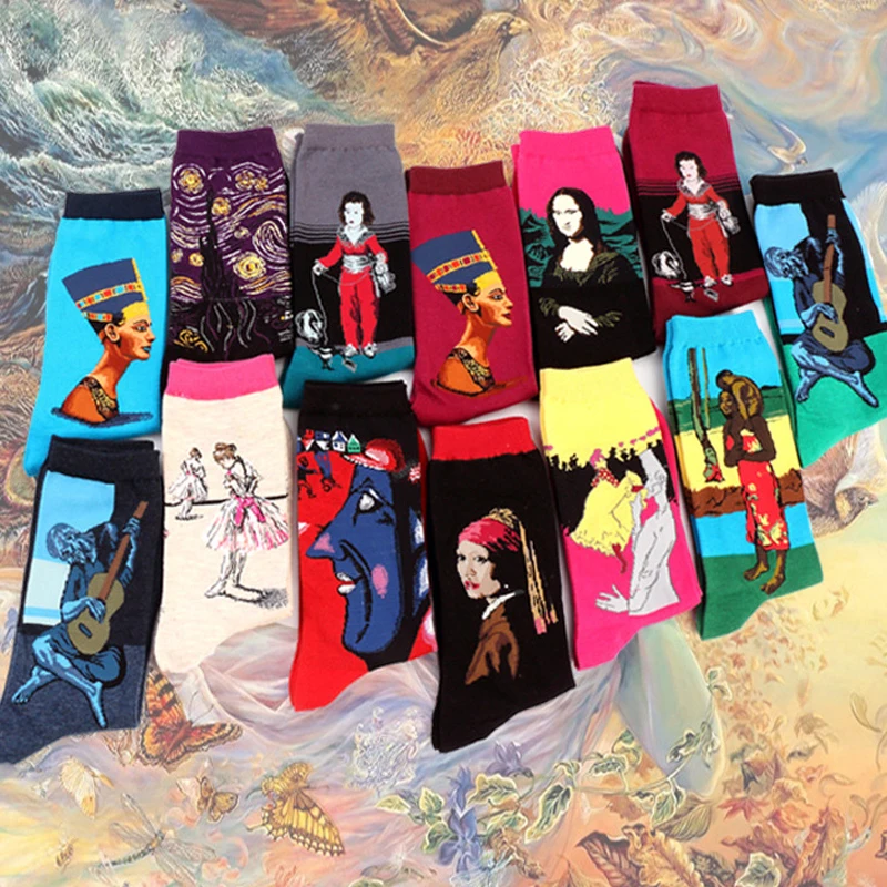 

Short Socks Funny Retro Art Painting Character Pattern for Women Men Harajuku Design Sox Calcetines Van Gogh In The Tube Socks