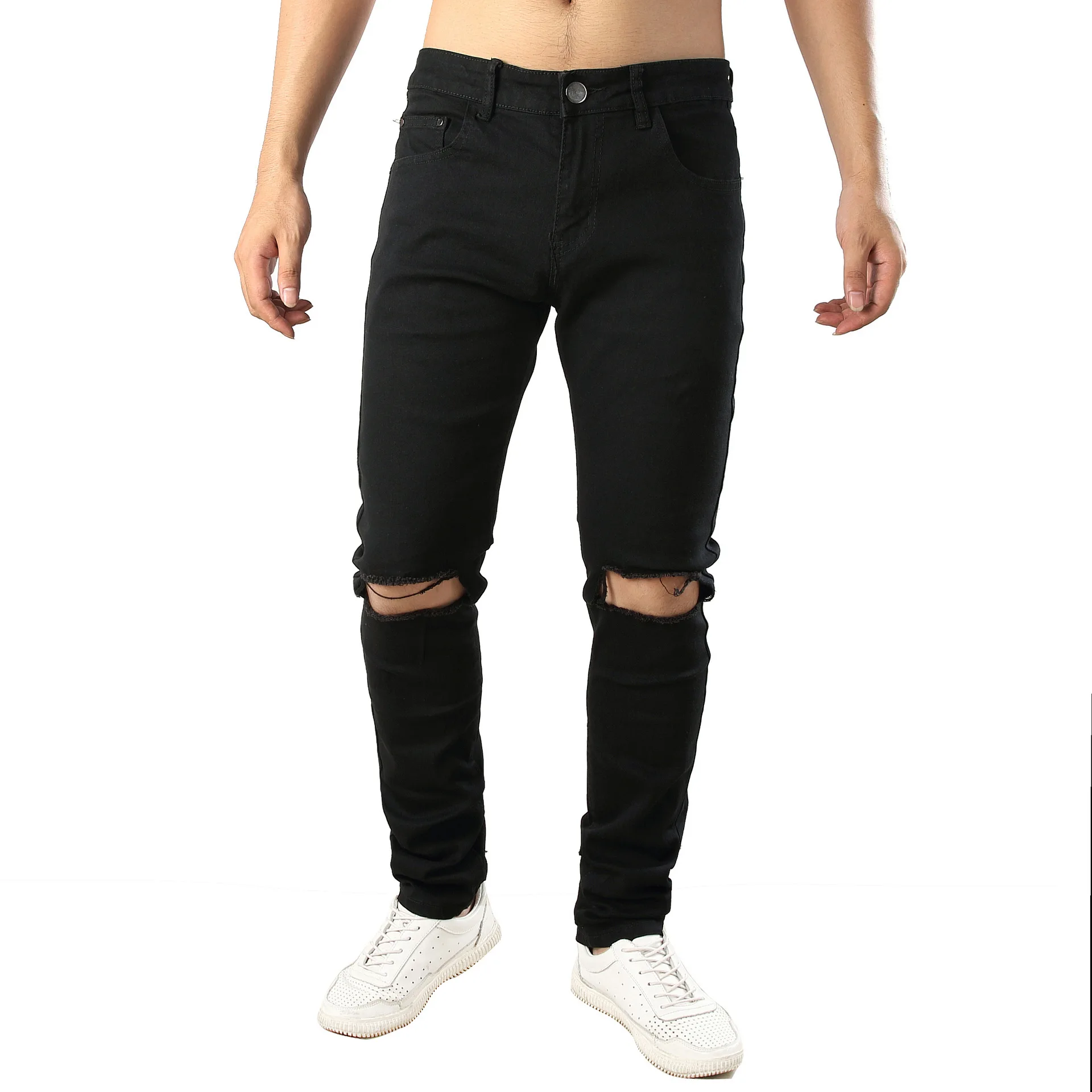 Mid Elastic Jeans Skinny Pencil Pants Plus Size  Slim Ripped Jeans For Men Black Ripped Imitate Jeans Pants