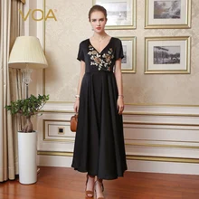 VOA вышитые черные шелковые вечерние платья женские элегантные макси длинные платья винтажные v-образный вырез осенние короткие рукава плиссированные Vestido ALX00301