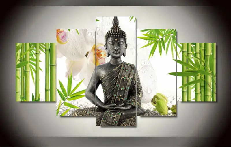 Buddha Meditation Bamboo Orchid 5 Pc Canvas Wall Art Painting Poster Home Decor