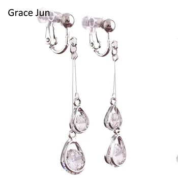 

Grace Jun Korea Style CZ Double Water Drop Shape Clip on Earrings Non Piercing for Women Party Wedding Charm Jewelry Bijouterie
