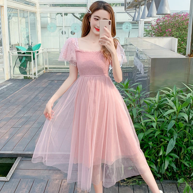 

Women's Clothing Korean Dresses summer style sweet a-line High waist Square collar solid Slim fairy dress fashion brand new