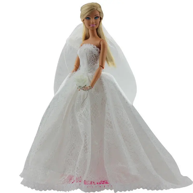 Saleaman Wedding Dress for Pretty Doll Princess Evening Party Clothes Wears Long Dress Outfit Set for Barbie Doll with Veil