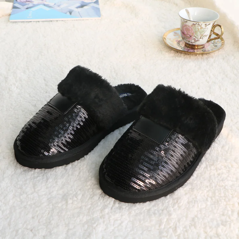 New Winter Black Sequined Women Slippers Fur Warm Plush Female Slides Indoor EVA Flat Slides Home Flip Winter Shoes Slip-on
