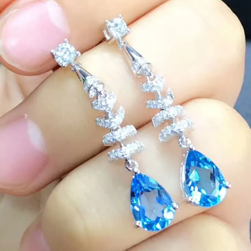 

RADHORS Earring Genuine 925 Sterling Silver inlay 100% Natural Blue Topaz Earring for Women Classic Style Fine Jewelry