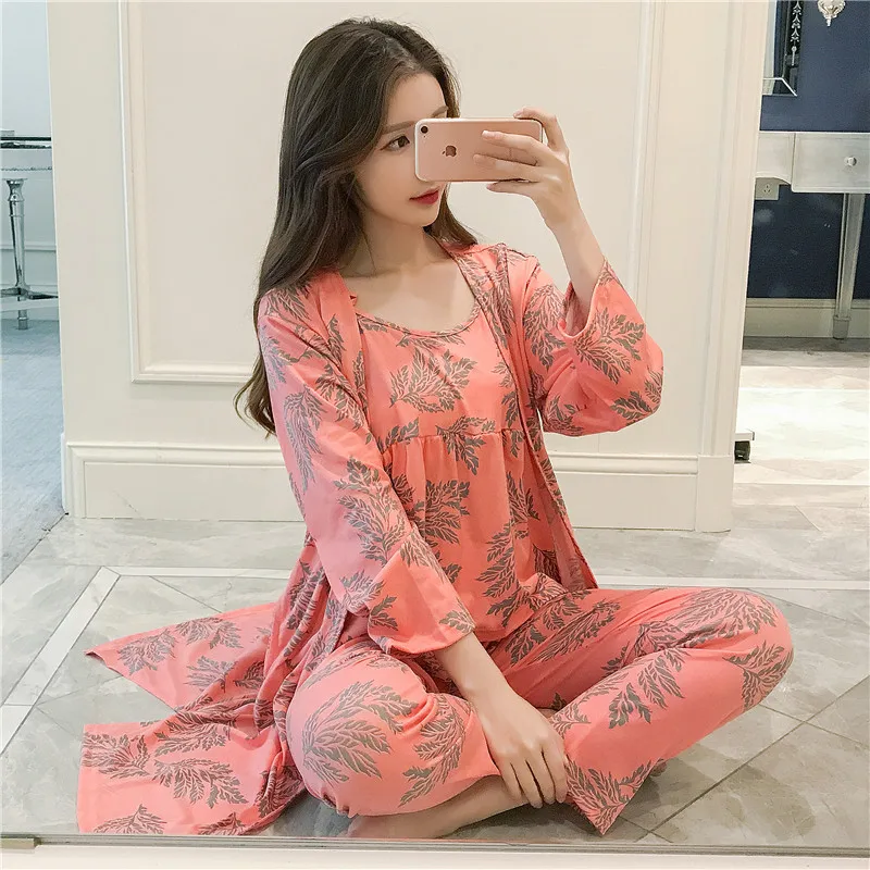 

3PCS Sexy Cotton Pajama Sets for Women 2019 Spring Long Sleeve Robes Femme Print Sleepwear Homewear Pijama Mujer Three Piece Set