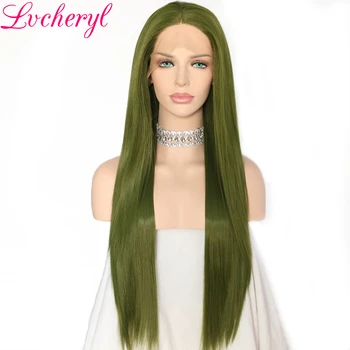 

Lvcheryl High Temperature Heat Resistant Fiber Hair Long Straight Dark Green Synthetic Lace Front Wigs for Drag Queen Makeup