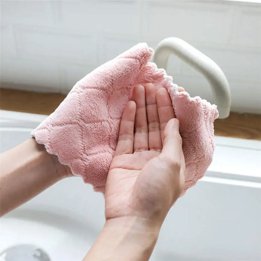 Nonstick Oil Coral Velvet Hanging Hand Towels Kitchen Dishclout OAUo 