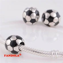 Подходит для Pandora талисманы браслеты футбол бусины с черной эмалью 925 пробы серебряные ювелирные изделия
