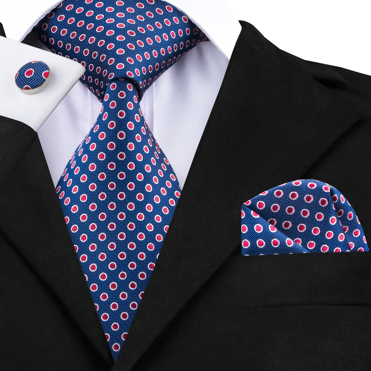 C-1463 Новинка связей для Для мужчин шелковый галстук в горошек комплект голубой цвет классический Для мужчин s Галстуки платок Ханки Запонки